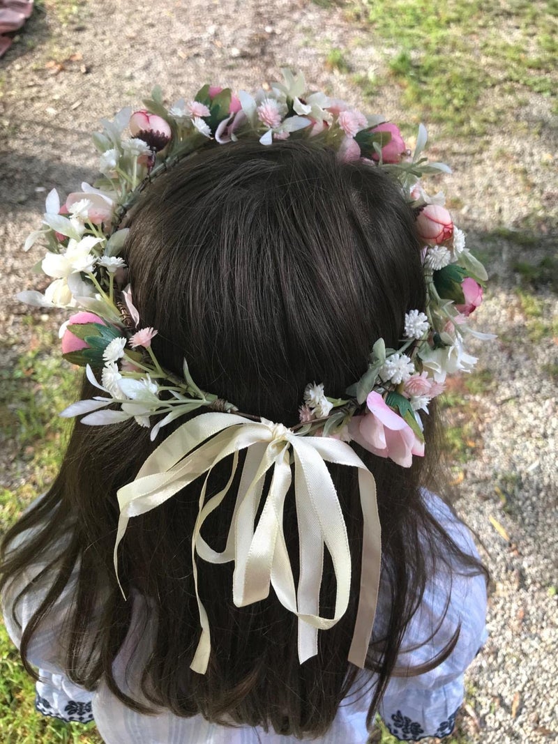 Floral Fall Camellia Flower Crown Rose Headpiece Wedding Bridal Flower Girl Halo Maternity Photo Props FL-03 (Pink Flower with Babysbreath) - Image 5